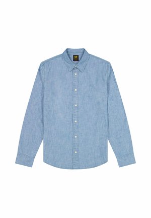 Lichtblauw overhemd met lange mouwen, knoopsluiting, kraag en logo op de borst, gemaakt van chambray-stof.