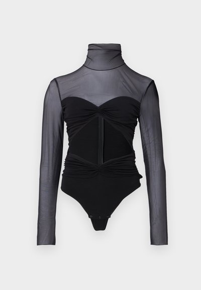 Black bodysuit with a sheer long-sleeve upper. Features a mock neck, ruched detailing, and a front zipper. Smooth fabric with a fitted design.