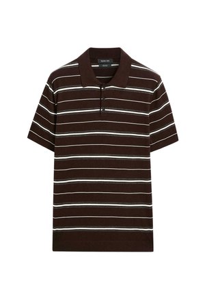 Brown short-sleeve polo shirt with white and light grey stripes, three-button placket, and a flat collar. Made from soft fabric with a relaxed fit.