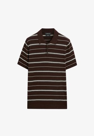 Brown short-sleeve polo shirt with white and light grey stripes, three-button placket, and a flat collar. Made from soft fabric with a relaxed fit.