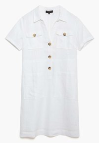 Robe chemise en lin blanc avec des manches courtes, un col et une fermeture à boutons sur le devant. Dispose de deux poches poitrine et de deux poches latérales. Des boutons ronds ajoutent du détail.
