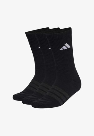 Black cotton socks with ribbed texture, featuring white logo and three horizontal dark stripes on the cuff. Three pairs displayed.