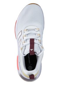 White athletic shoe with a mesh upper, maroon laces, and branding. Rubberized sole with pink accents and a textured midsole.