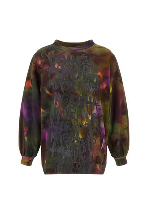 Oversized sweatshirt in multi-colored tie-dye with black graphic text. Features ribbed neckline and balloon sleeves. Soft fabric texture.