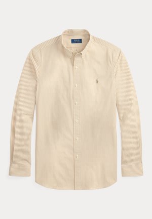 Beige-weiß gestreiftes Hemd mit langen Ärmeln, Knopfleiste, Kragen und Polo Ralph Lauren-Logo auf der linken Brust.