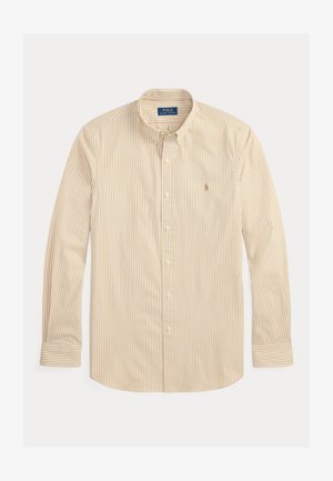 Chemise beige et blanche à rayures verticales, manches longues, avec col et logo Polo Ralph Lauren sur la poitrine gauche.