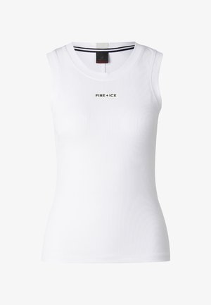 White ribbed sleeveless tank top with round neckline and black "FIRE + ICE" logo centered on the chest.