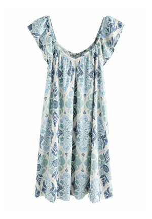 Robe blanche à motif floral bleu, manches courtes volantées, encolure arrondie et coupe ample et fluide.