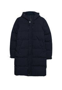 Piumino blu navy con cappuccio, caratterizzato da un design trapuntato, zip frontale, due tasche laterali e dettagli con cordino.