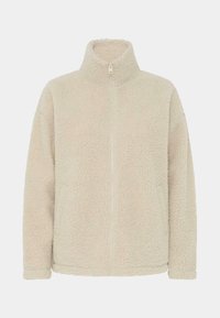 Kreemivärvi fliisjakk kõrge kraega, täispikk lukuga ja tekstuurse, pehme pinnaga. Ilma nähtavate riistvara või kaunistusteta.