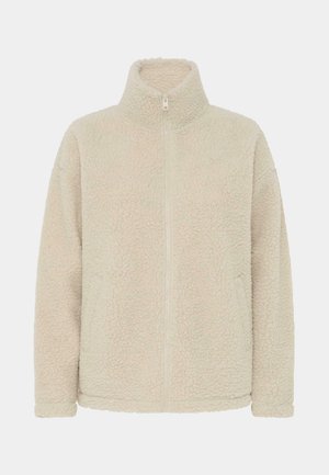 Kremowa kurtka polarowa z wysokim kołnierzem, zamkiem błyskawicznym na całej długości oraz teksturowaną, puszystą powierzchnią. Brak widocznych elementów metalowych lub ozdób.