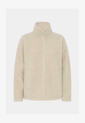 Krémově zbarvená fleecová bunda s vysokým límcem, zapínáním na celý zip a strukturovaným, měkkým povrchem. Bez viditelného kovového vybavení nebo ozdob.