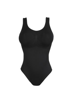 Zwarte naadloze body met gevormde cups, brede schouderbanden en een ronde halslijn, ontworpen voor een soepele pasvorm en ondersteuning.