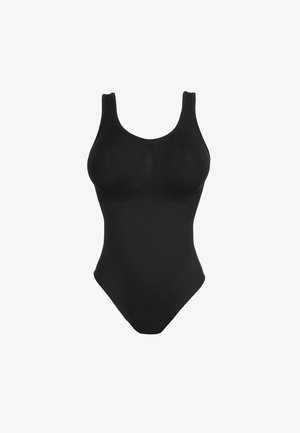 Zwarte naadloze body met gevormde cups, brede schouderbanden en een ronde halslijn, ontworpen voor een soepele pasvorm en ondersteuning.