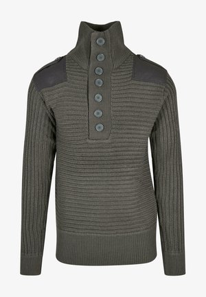 Ciemnozielony dzianinowy sweter z wysokim kołnierzem, siedmioma guzikami i fakturowanym ściągaczem. Posiada czarne akcenty na ramionach oraz długie rękawy.