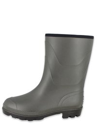 Grijze rubberen regenlaars met een gestructureerde zool, ronde neus, gladde bovenkant en een zwarte afwerking rondom de bovenkant. Waterdicht ontwerp.