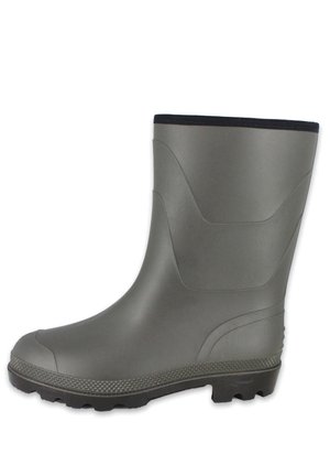 Graue Gummiregenstiefel mit einer strukturierten Sohle, runder Zehenpartie, glatter Oberflächenbeschaffenheit und schwarzem Rand am oberen Teil. Wasserdichtes Design.