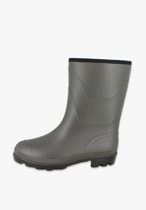 Grijze rubberen regenlaars met een gestructureerde zool, ronde neus, gladde bovenkant en een zwarte afwerking rondom de bovenkant. Waterdicht ontwerp.