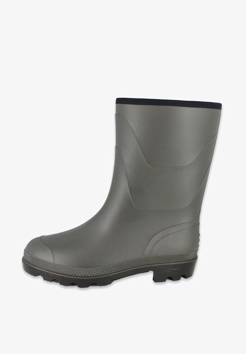Botte de pluie en caoutchouc gris avec un fond texturé, un bout arrondi, une surface supérieure lisse et une bordure noire autour du haut. Conception imperméable.
