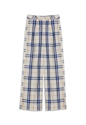 Biele široké nohavice so vzorom modro-oranžovej kocky, gombíkom na páse a prednými záhybmi.