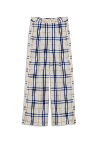 Pantalon blanc à jambes larges avec motif à carreaux bleu et orange, bouton à la taille et plis à l'avant.