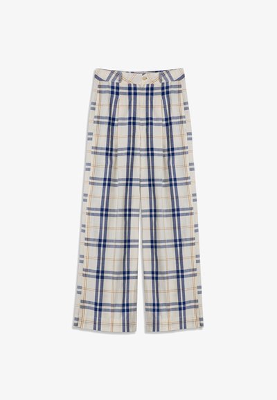 Pantalon blanc à jambes larges avec motif à carreaux bleu et orange, bouton à la taille et plis à l'avant.