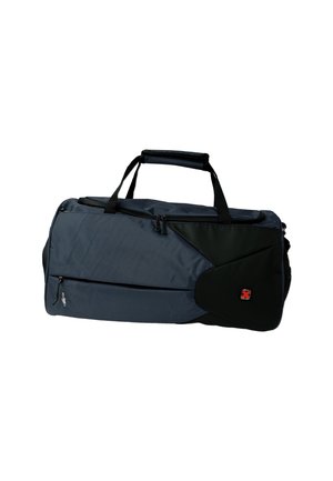 Black and dark gray duffel bag with dual handles, zippered side pocket, and red logo on front panel, isolated on white background.