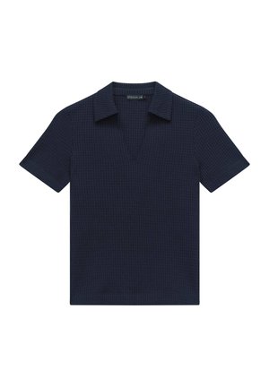 Navyblauw shirt met korte mouwen met een gestructureerd wafelweefpatroon, voorzien van een kraag en een V-hals. Eenvoudige en moderne silhouet.