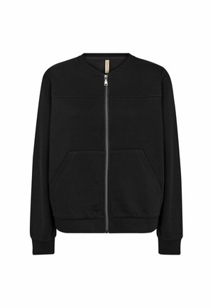 Schwarzer Sweatshirt mit Reißverschluss, rundem Ausschnitt, langen Ärmeln, Fronttaschen und glatter Struktur. Verfügt über gesteppte Details über der Brust.