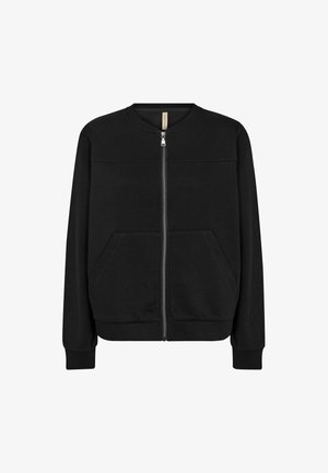Black zip-up sweatshirt with a round neckline, long sleeves, front pockets, and a smooth texture. Features stitched detailing across the chest.