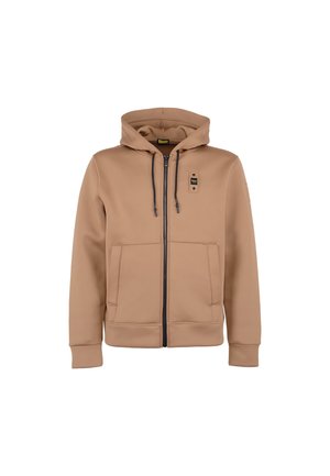 Felpa con cappuccio in marrone chiaro, zip frontale, due grandi tasche, cappuccio con cordino, polsini e orlo a costine, texture liscia, branding minimale.