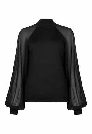 Sort top med høj hals, lange gennemsigtige pufærmer og tætsiddende manchetter, med en glat tekstur og ensfarvet hele vejen igennem.