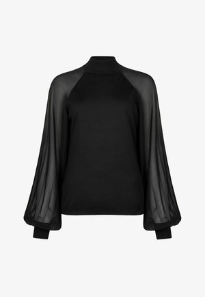 Sort top med høj hals, lange gennemsigtige pufærmer og tætsiddende manchetter, med en glat tekstur og ensfarvet hele vejen igennem.