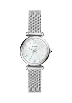 Silver Fossil wristwatch with mesh band, white dial, Roman numerals at 12 and 6, and minimalistic hour markers.