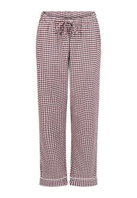 Czerwono-białe, w kratkę spodnie piżamowe, z elastycznym paskiem w talii i sznurkiem, prosty krój oraz podwinięte mankiety. Miękka faktura materiału.
