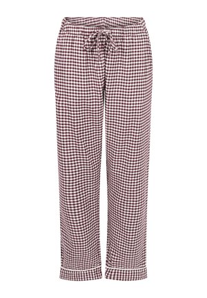 Rood-en-witte geruite pyjamabroek, met een elastische tailleband met een trekkoord, rechte pasvorm en opgerolde boorden. Zachte stoftextuur.