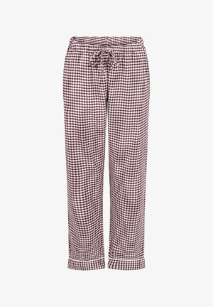 Rood-en-witte geruite pyjamabroek, met een elastische tailleband met een trekkoord, rechte pasvorm en opgerolde boorden. Zachte stoftextuur.
