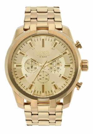 Reloj de pulsera Diesel en tono dorado con correa metálica, tres subesferas y botones de cronógrafo que muestran la hora 10:09:37.