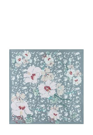 Blaugrauer Hintergrund mit großen weißen und beigen Blumen, roten Mittelpunkten und kleinen verstreuten weißen Punkten, die ein florales Muster bilden.