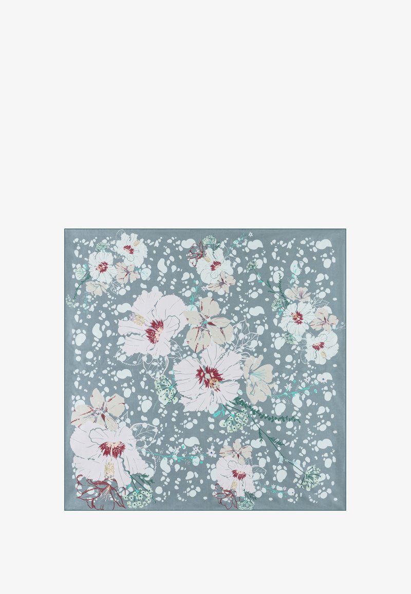 Blue-gray background with large white and beige flowers, red centers, and small scattered white spots, creating a floral pattern.