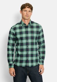 Grün und marineblau karierter Button-Down-Hemd mit Kragen, langen Ärmeln und dunklen Knöpfen. Baumwollstoff mit glatter Textur und kontrastierenden Akzenten.