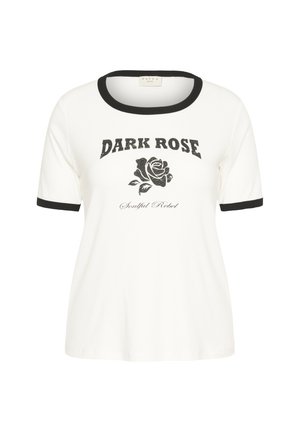 Weißes T-Shirt mit kurzen Ärmeln, schwarzem Saum an Kragen und Ärmeln, schwarzer Rosen-Grafik und dem Text "DARK ROSE Soulful Rebel" auf der Vorderseite.