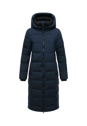 Navy blue padded coat with a detachable hood, full front zipper, side pockets, and ribbed cuffs. Features a quilted design.