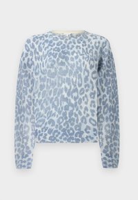 Πουλόβερ μακρυμάνικο με στρογγυλή λαιμόκοψη και σχέδιο λεοπάρδαλης σε ανοιχτό μπλε και λευκό, με ριμπ μανσέτες και απαλό πλεκτό ύφασμα.