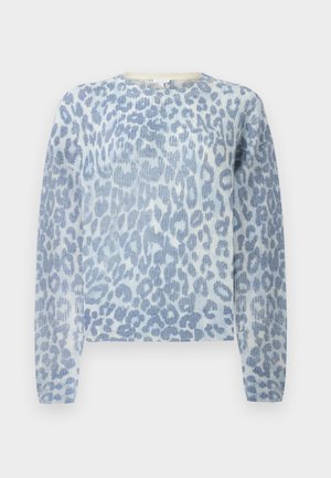Dlhý rukáv sveter s okrúhlym výstrihom, s potlačou svetlomodrého a bieleho leopardieho vzoru, rebrovanými manžetami a mäkkou pletenou tkaninou.
