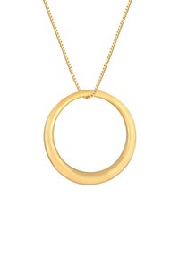 Guld-tonet halskæde med en stor, cirkulær vedhæng på en tynd kæde, glat overflade og et minimalistisk design.