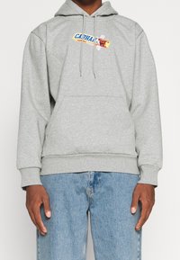 Grijze katoenen hoodie met een voorzak, trekkoord capuchon en een kleurrijk grafisch logo op de borst. Duurzaam, relaxte pasvorm met ribgebreide manchetten.