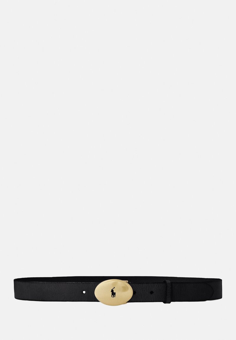 Black leather belt featuring a rounded gold buckle with a raised logo. Smooth texture, adjustable fit with multiple holes.