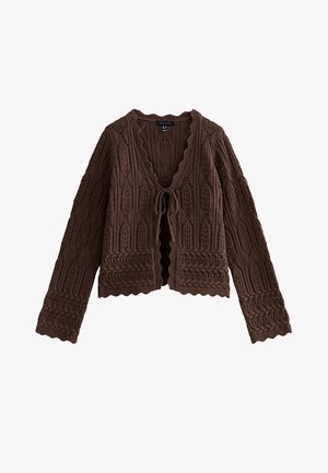 Braune Strickjacke mit langen Ärmeln, aufwendigen Zopfmustern, gezackten Kanten und einer Bindung vorne.