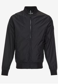 Schwarze Bomberjacke mit geripptem Kragen und Bündchen, Reißverschluss vorne und einem glatten, leichten Material mit einem schlichten Design.
